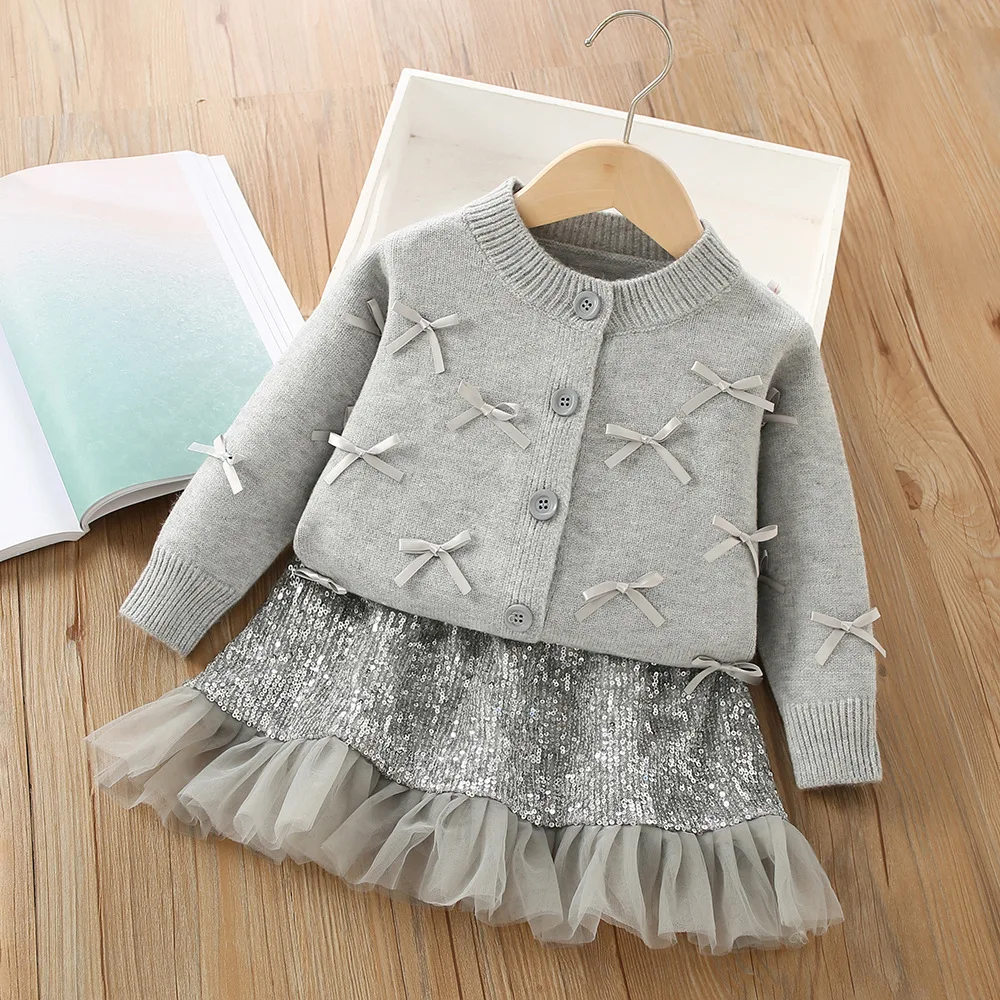 

Girls Knitted Clothes Sets Spring Autumn Children Woolen Jersey Sweaters Tops Skirts Princess Dress Suit For Baby Outfits Kids 6