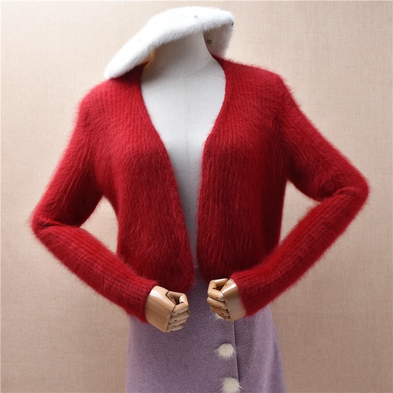 

Ladies Women Fall Winter Fashion Red Hairy Plush Angora Rabbit Hair Knitted Crop Top Short Style Slim Caridgans Sweater Jacket