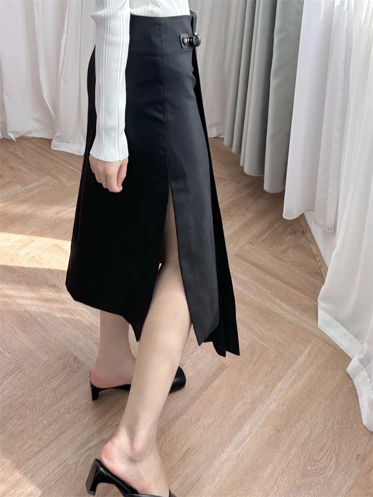 Women's Irregular Hem Mid-Calf Length Skirt, Two-piece Pleated, Belt Decoration, High Street, Chic, Stunning, Fashion, Design M