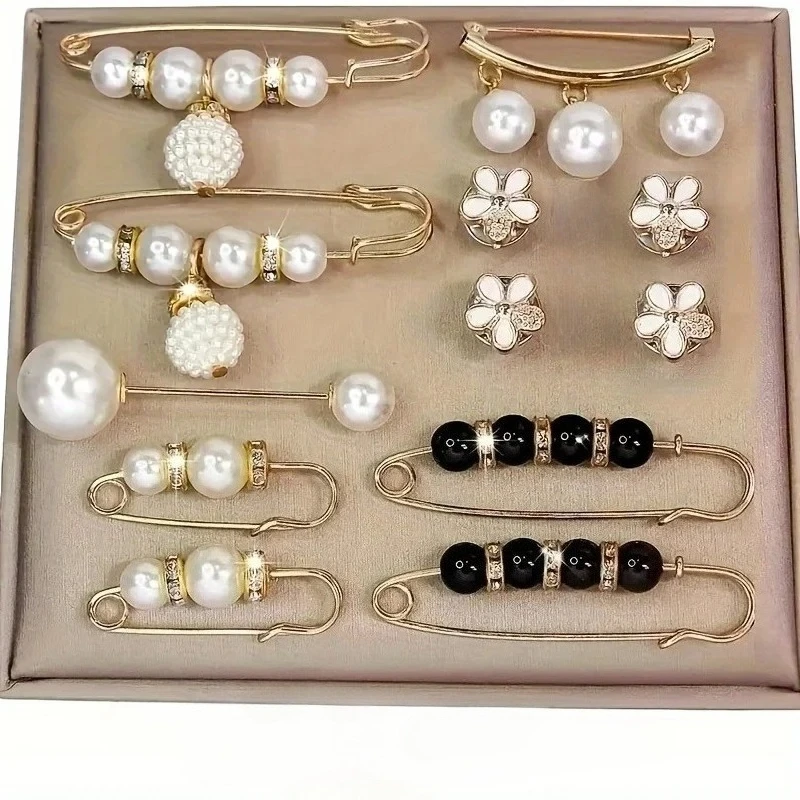 12Pcs Elegant Faux Pearl Brooch Set Alloy Plastic Irregular Pins for Dresses Hats Scarves DIY Garment Jewelry Decor Accessories