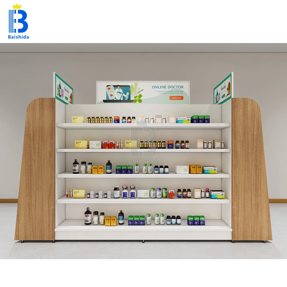 ร้านขายยาโต๊ะแสดงการดูแลสุขภาพยาตู้โชว์ไม้ร้านค้าทางการแพทย์ผลิตภัณฑ์ดูแลจอแสดงผลรางคณะกรรมการตู้