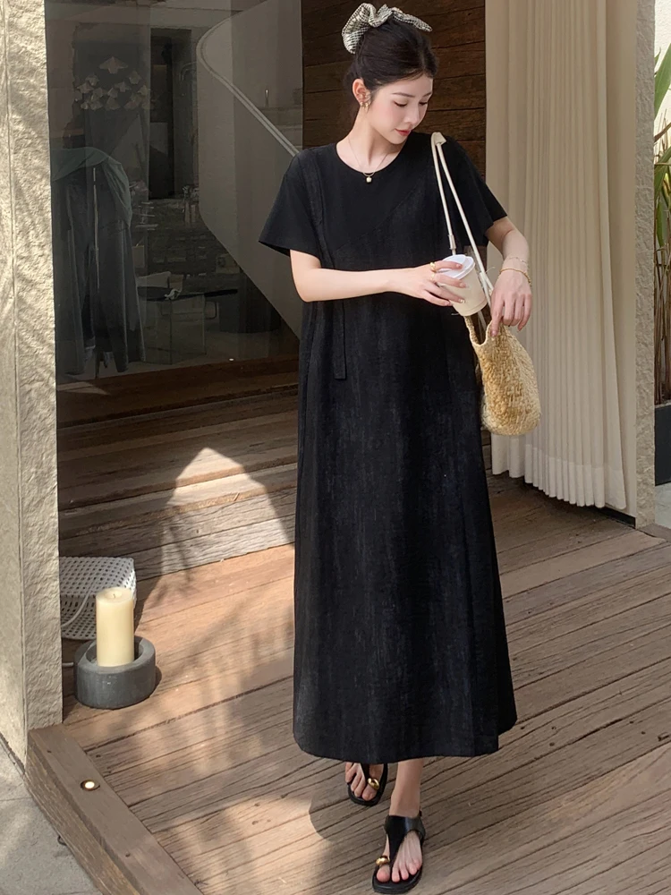 NYFS Zomerjurk 2025 Koreaanse Stijl vrouwen Losse plus Size Korte Mouw Twee vervalsingen t-shirt Lange Jurk Gewaad Elbise