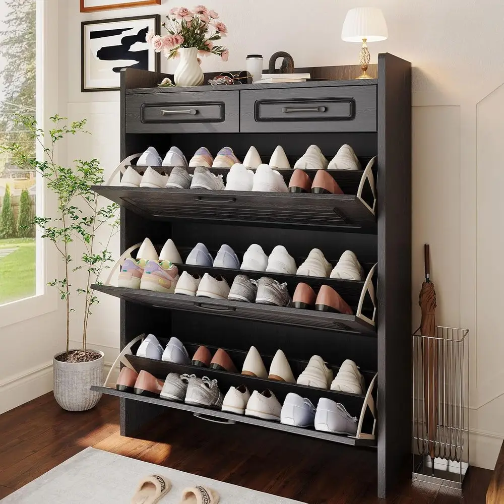 

Тумба-органайзер для обуви с 3 дверцами и 2 ящиками – идеально подходит для прихожей, коридора, спальни и гардеробной, черная