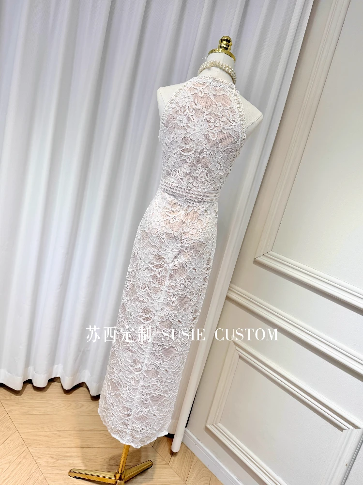 فستان سهرة فرنسي أنيق اجتماعي دانتيل مرقع رسن خارج الكتف بدون أكمام عالي الخصر سبليت Bodycon فستان طويل للنساء