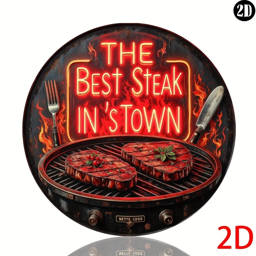 Round Metal Tin Sign The Best Steak In Town Steak Grill Fake Neon Print Wall Decor, Non LED  Metal Plaque For Steakhouse BBQ