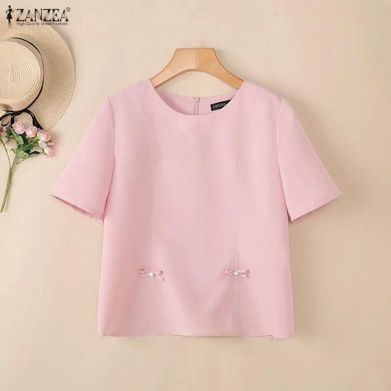 

Женские летние элегантные блузки в стиле принцессы с винтажным дизайном, круглым вырезом, коротким рукавом и бантом, повседневные однотонные блузки ZANZEA.