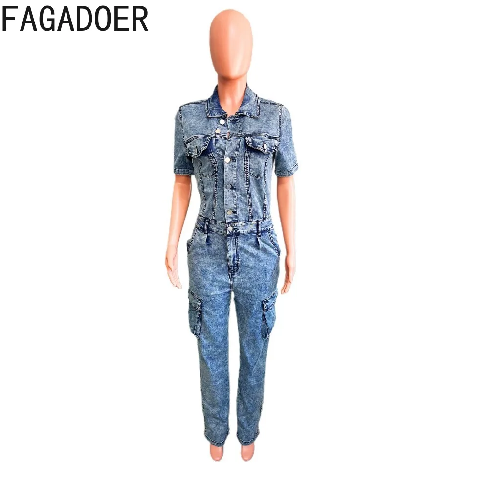 FAGADOER Blue Fashion Denim Pocket Bodycon Jumpsuits Women Turndown Collar Button Slim Playsuits Casual Female Cowboy Overalls