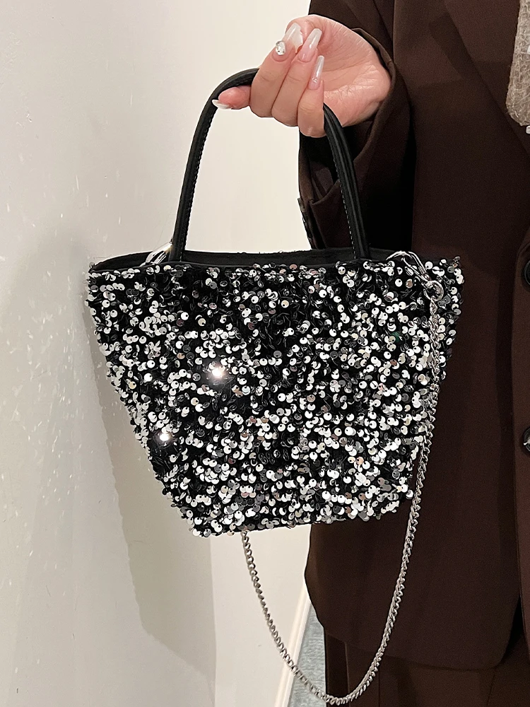 Sequin Handbags and Purse Underarm Tote Bag for Women 2024 New Fashion Shiny Chain Shoulder Crossbody Bag Female Prom Party