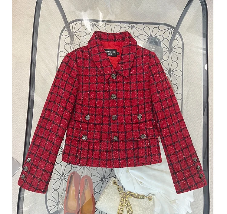 Spring Autumn Fashion Women High Brand New Quality Designer Wool-blend Plaid Tweed Jackets Pockets Short Coat  + SkirtsC166