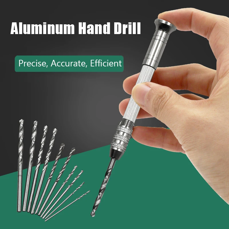 1–3,5 mm Aluminium-Handbohrmaschine mit Schnellspannbohrfutter + 10 Stück Torsions-Handspiralbohrer Mini-Schmuck Holzbearbeitung Drehbohrwerkzeuge