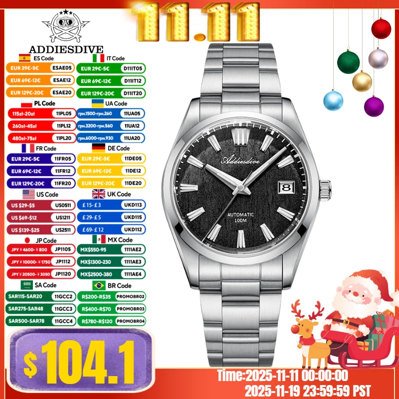 

ADDIESDIVE 39mm Men Dress Watch 3D Bark Dial Sapphire Crystal BGW9 Super Luminous 10Bar Diving Automatic Mechanical Watch reloj