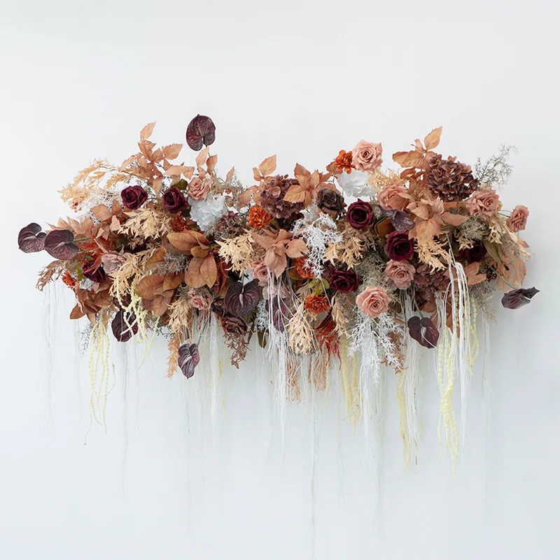 brown fake flower wall hanging flower row flower, store wall beautiful decoration photography background arrangement