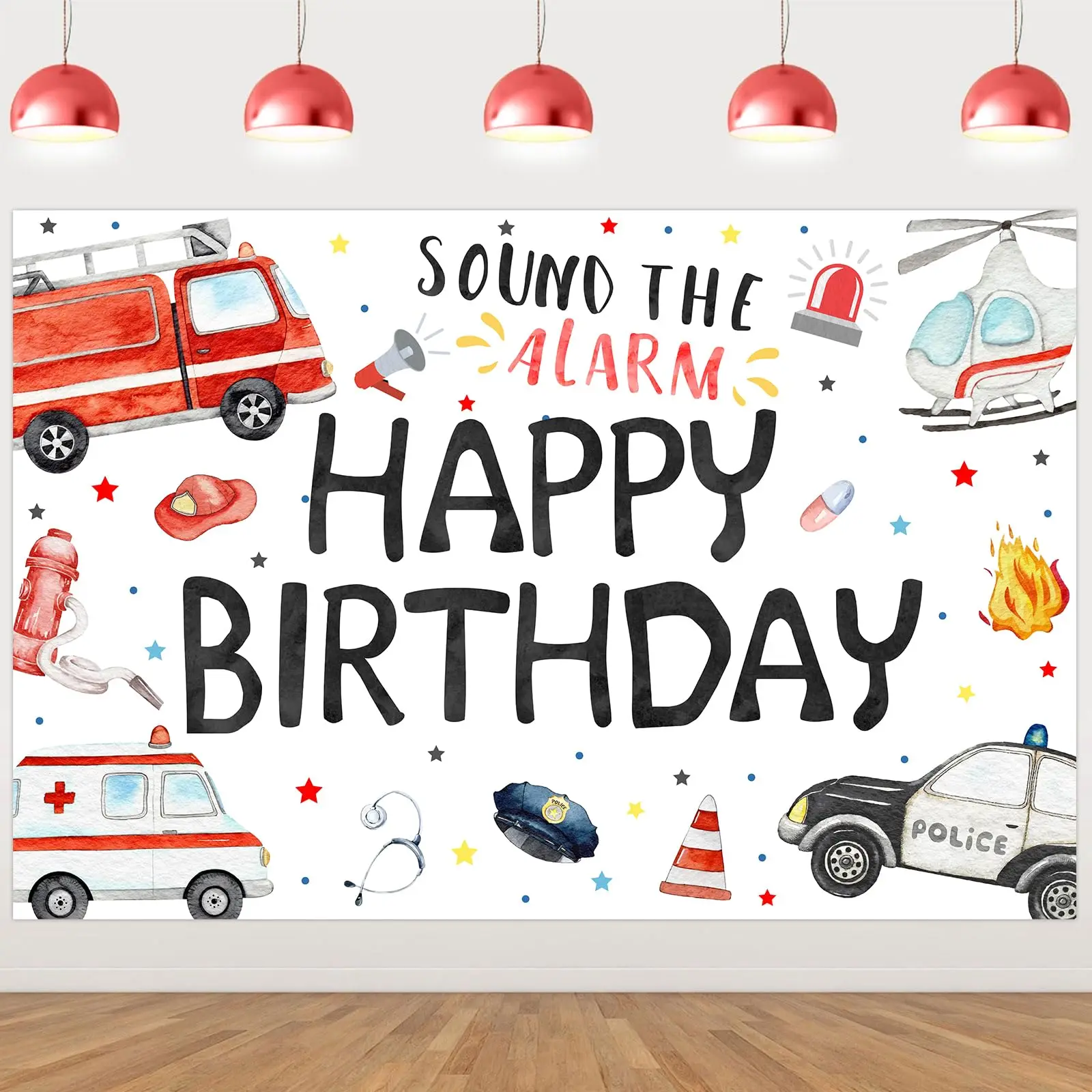 

Kreatwow Emergency Birthday Decorations Backdrop Happy Sound The Alarm Banner Rescue Vehicle Party