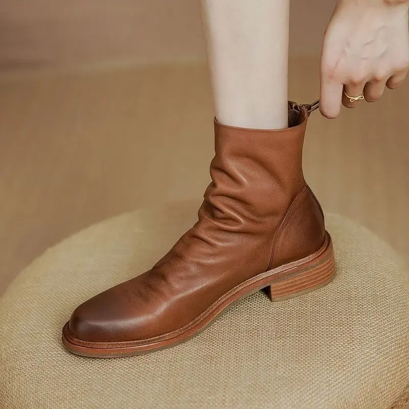 

Женские ботильоны Винтажный стиль женская обувь из воловьей кожи зимние ботинки на молнии сзади обувь из натуральной кожи плиссированные ботинки