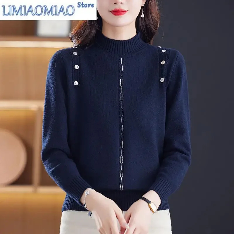 

Autumn Winter Button Solid Color Pullover Long Sleeve Half High Collar Sweater Knitted Elegant Women's Clothing Flattering Tops