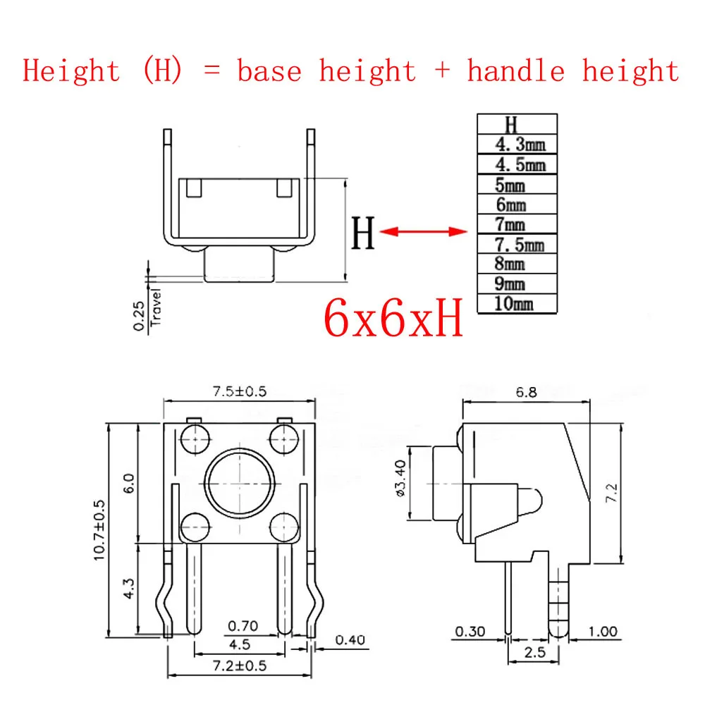 100 sztuk/partia 6x6mm Panel PCB chwilowy dotykowy takt Mini przełącznik wciskany kątowy ze stentem 6x6x4.3/4.5/5/6/7/7.5/8/9/10mm — zdjęcie 7