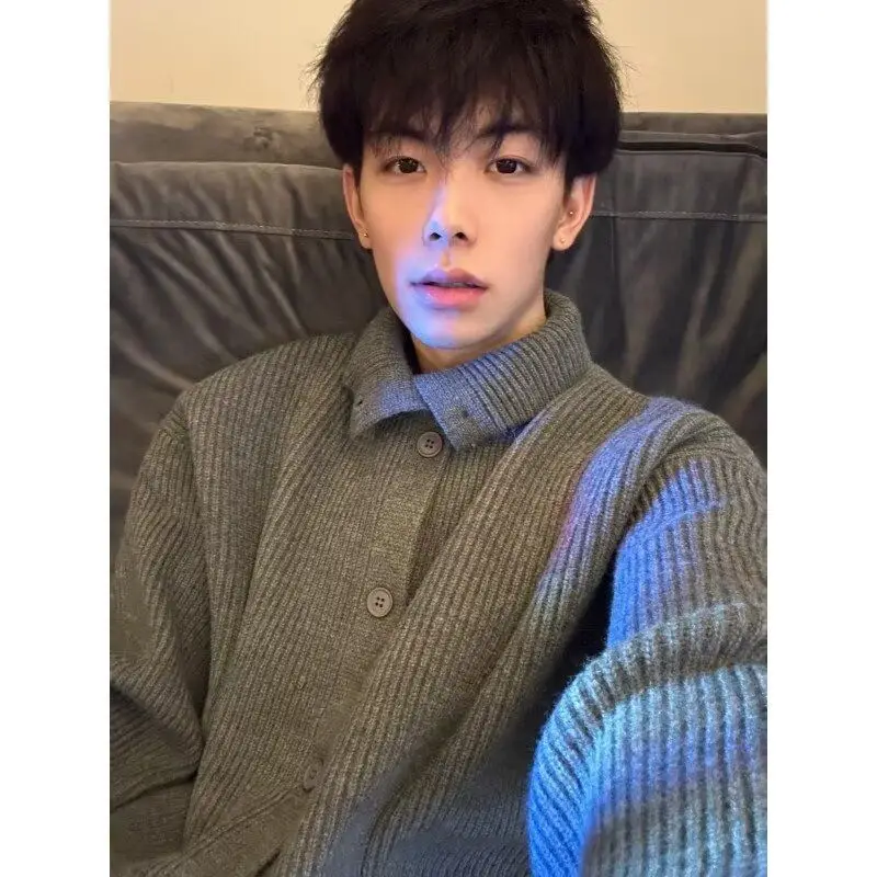 

American Sle V-Ne Knitted Sweater Cardigan Men's Color Casual Loose Fit Winter Outerwear Soft Polyester Fiber