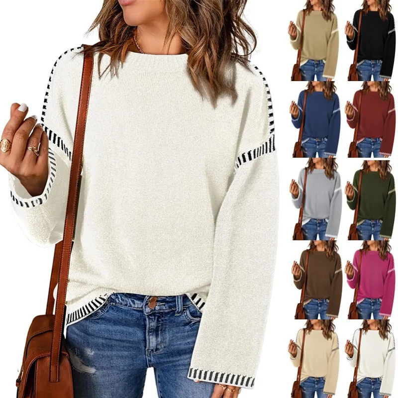 

Женский осенний свободный вязаный свитер-пуловер с длинными рукавами из утолщенной шерсти