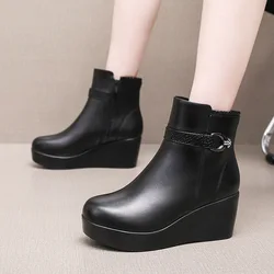 6cm Small Size 32-43 Comfortable Thick Bottom Platform Wedges Shoes Winter 2026 Med Heels Soft Leather Ankle Boots Office Mom