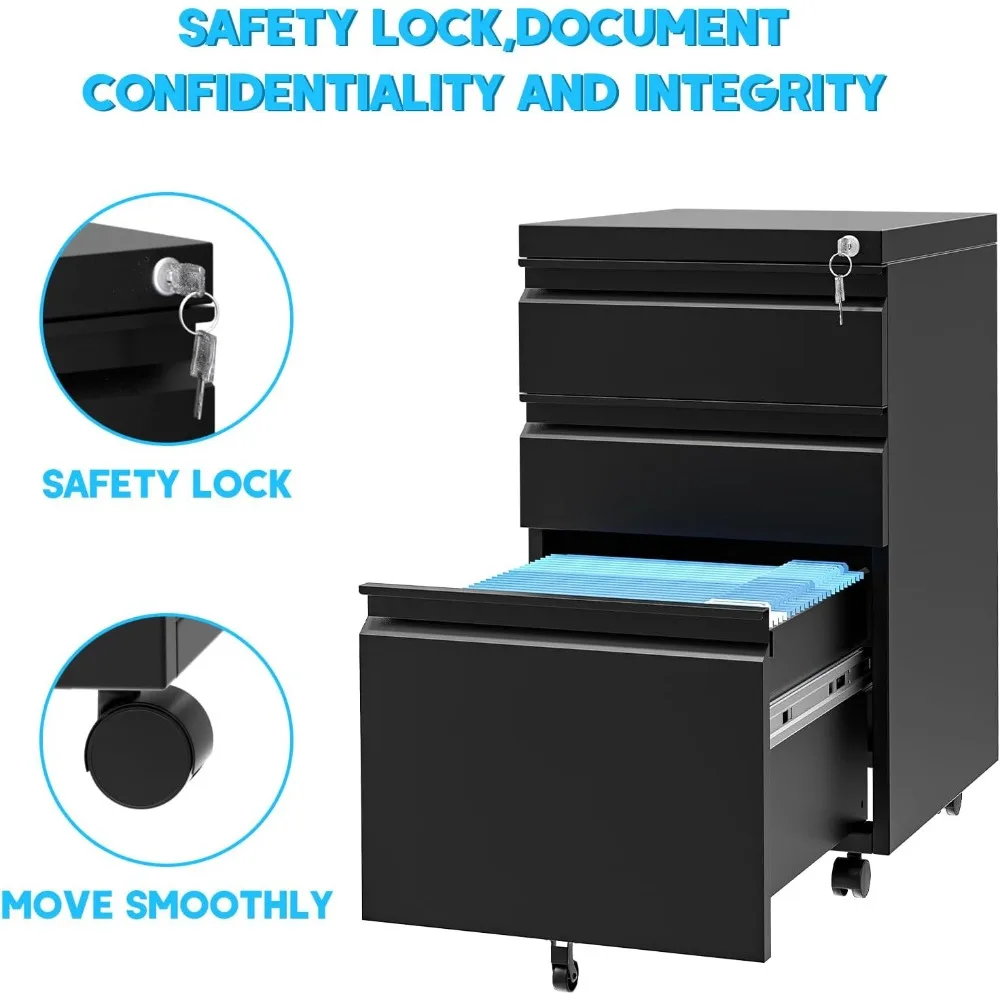 خزانة ملفات متنقلة بثلاثة أدراج مقاس 24 بوصة - خزانة ملفات جانبية للمكتب مع قفل/2 مفتاحًا، خزانة ملفات معدنية تحت المكتب مع ضبط