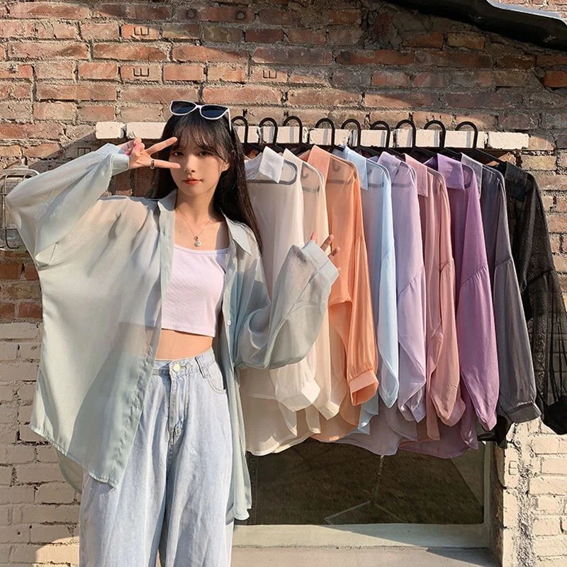 2025 Women Chiffon Blouse Shirt Long Sleeve Spring Summer Lilac Tops Pocket Loose Thin Sunscreen Shirt Bikini Cover Up Beachwear