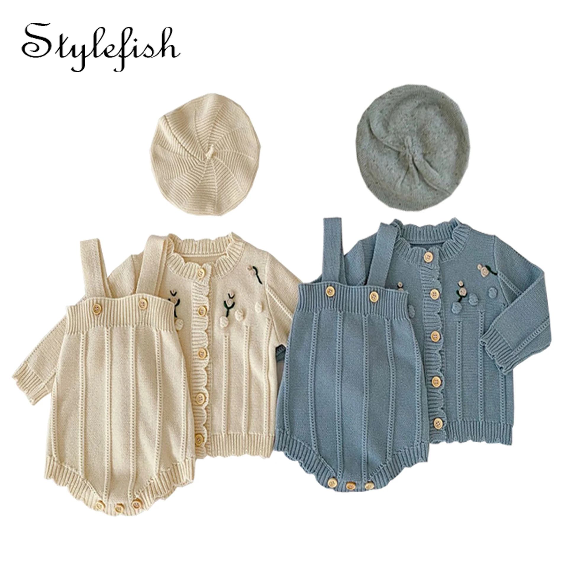 autumn winter baby sweater flower long sleeved suspender sweater knitted Jumpsuit two piece set baby girl outfit set