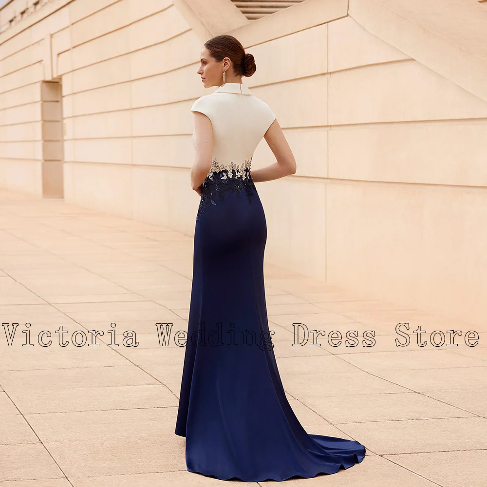 Elegante Sereia Mãe da Noiva Vestidos V Neck mangas curtas Apliques Wedding Party Vestidos Comprimento do chão فساتين السهرة