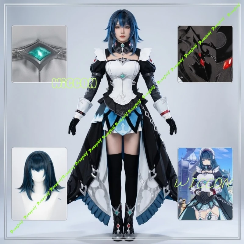 Genshin Impact Danica Snezhnaya Maid Cosplay Costume with Wig Headwear Prop Dress Outfit Women Roleplay Halloween Wear