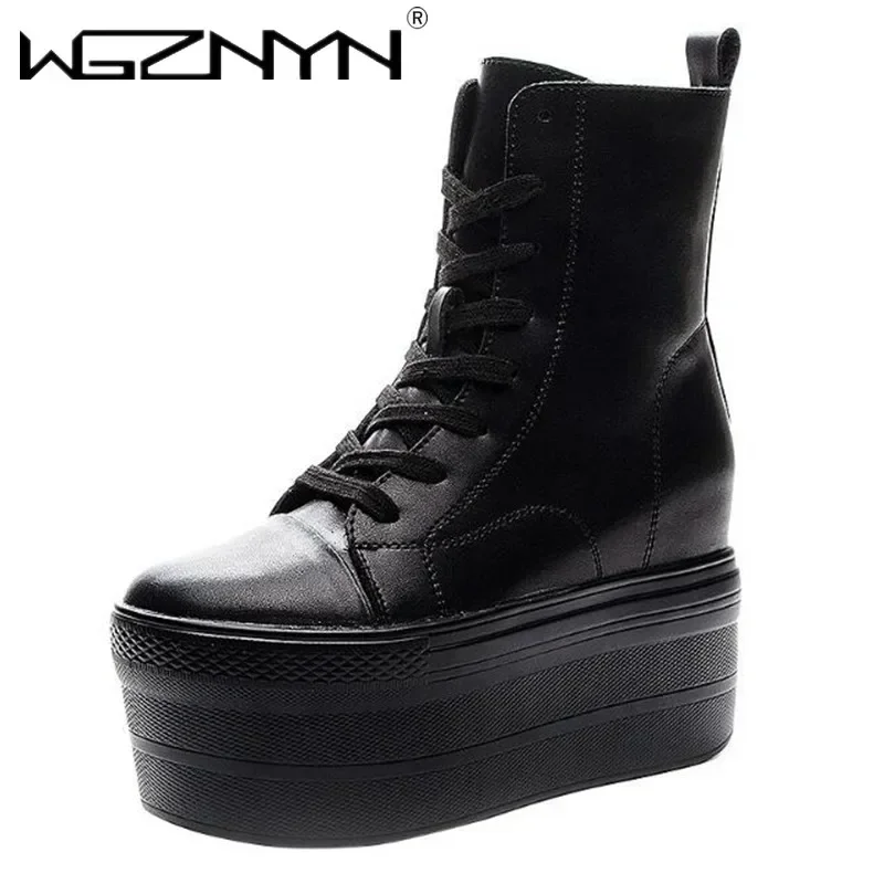 

Luxury Genuine Leather 10cm Super Thick Sole Platform Wedge Hidden Heel Boots Shoes Zipper Winter Boots Ankle Warm Booties 2025