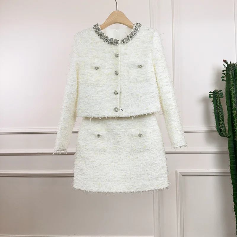 جودة عالية أسود صغير عطرة الماس دعوى المرأة سترة قصيرة عصرية + تنورة خط تويد سيدة الفرنسية قطعتين مجموعة #2