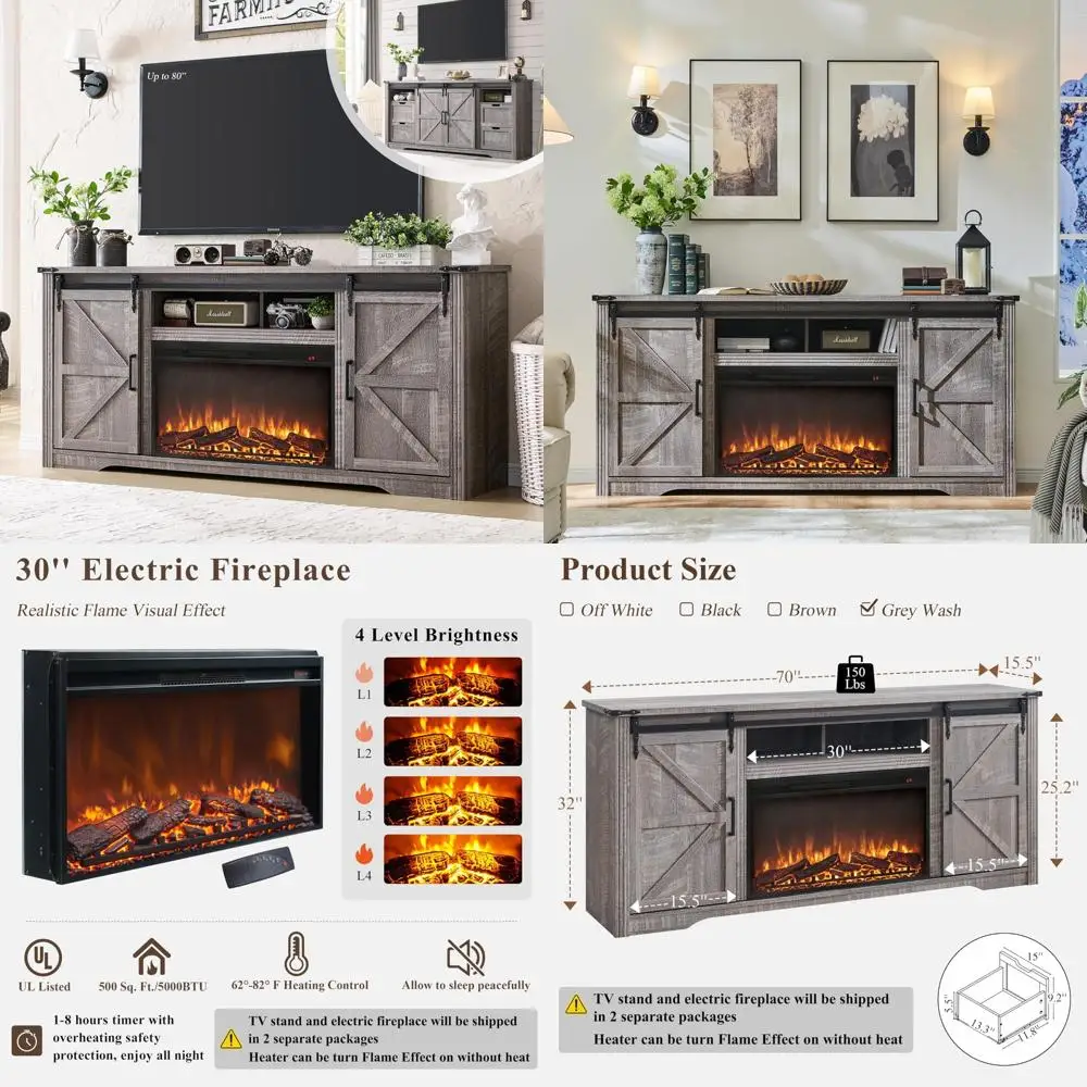 

80 Inch TV Farmhouse Style Entertainment Center with Sliding Barn Door and Drawers