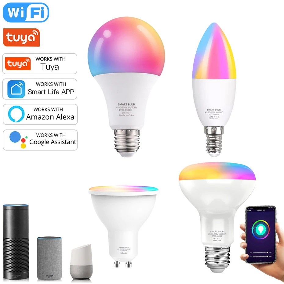 

Tuya WiFi Smart Blub E27 E14 GU10 Smart Color Light Bulbs RGB 8W 12W 18W Dimmable with APP, Voice Control for Google Home, Alexa