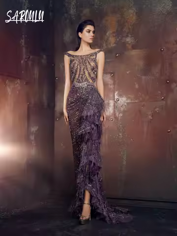 Purple Classy Boat Neck Evening Dress Charming Pleated Sequined Feathered Cocktail Luxurious Customized Birthday Party Prom Gown