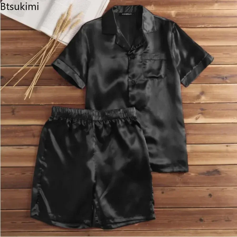 2024 Men's Summer Pajamas Sets Comfortable Satin Silk Short Sleeve Homewear Two Piece Sets Tops+Shorts Male Solid Sleepwear Suit