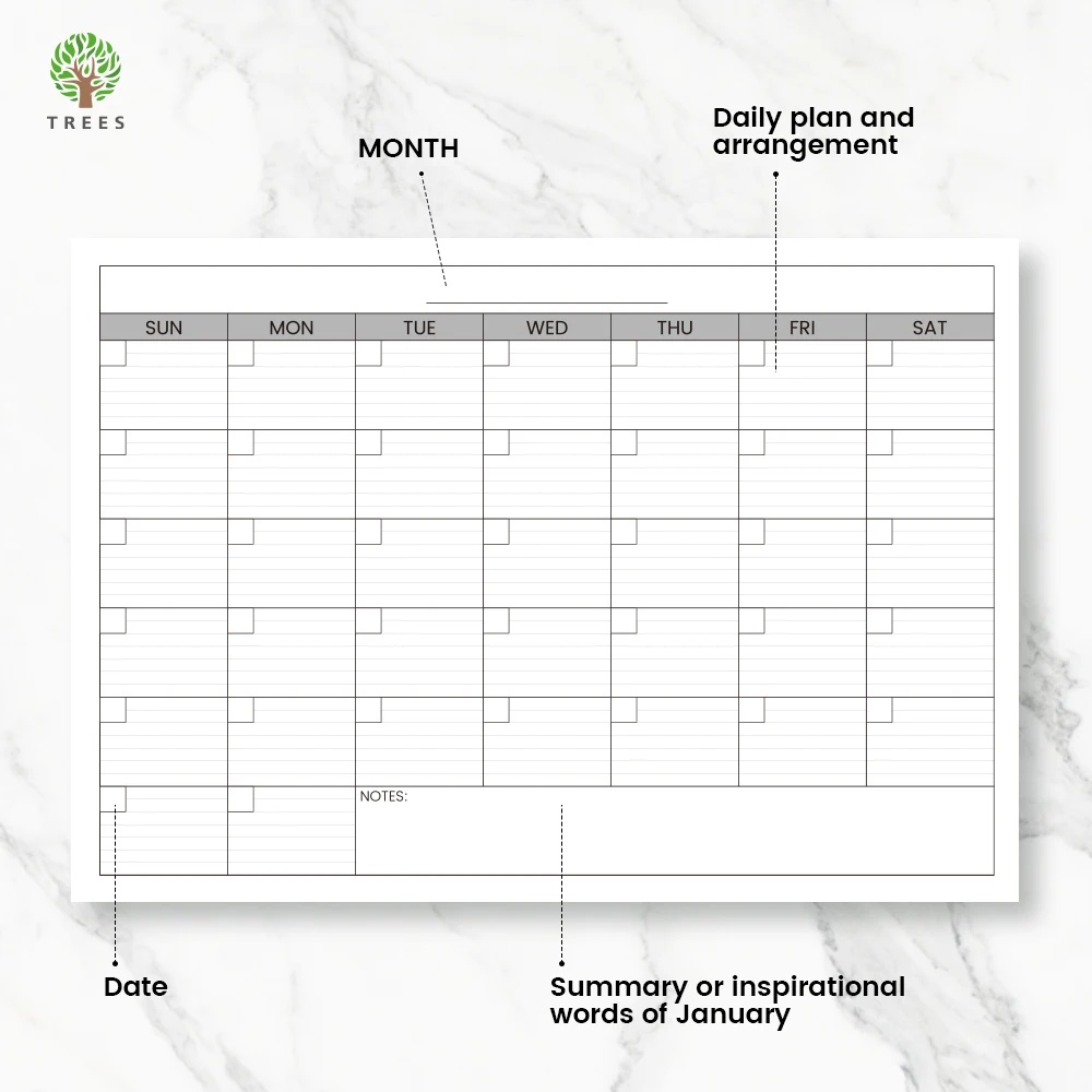 Large-Sized Monthly Planner, Undated Wall Hanging Planning Chart, Daily Plans for Each Month, 39*27 Inches, Daily Planner
