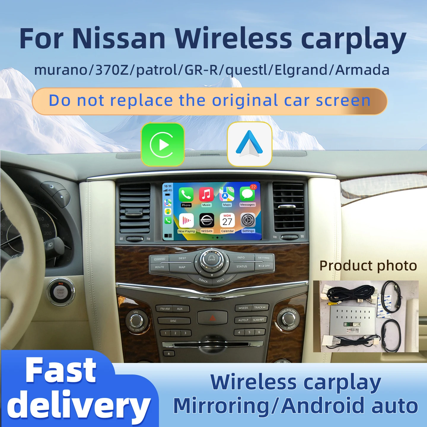 وحدة Apple CarPlay اللاسلكية لنيسان مورانو 370Z كويست Elgrand Patrol GR-R Armada اللاسلكية أندرويد السيارات النسخ المتطابق