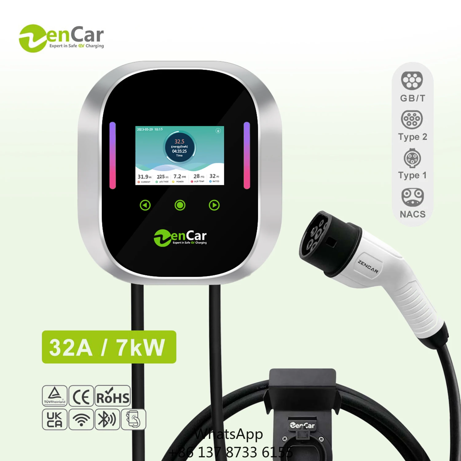 Zencar Type 2 Electric Car Charger 32A 7KW AC EV Wallbox Charging Station With WIFI APP Remote Control TUV Certificate