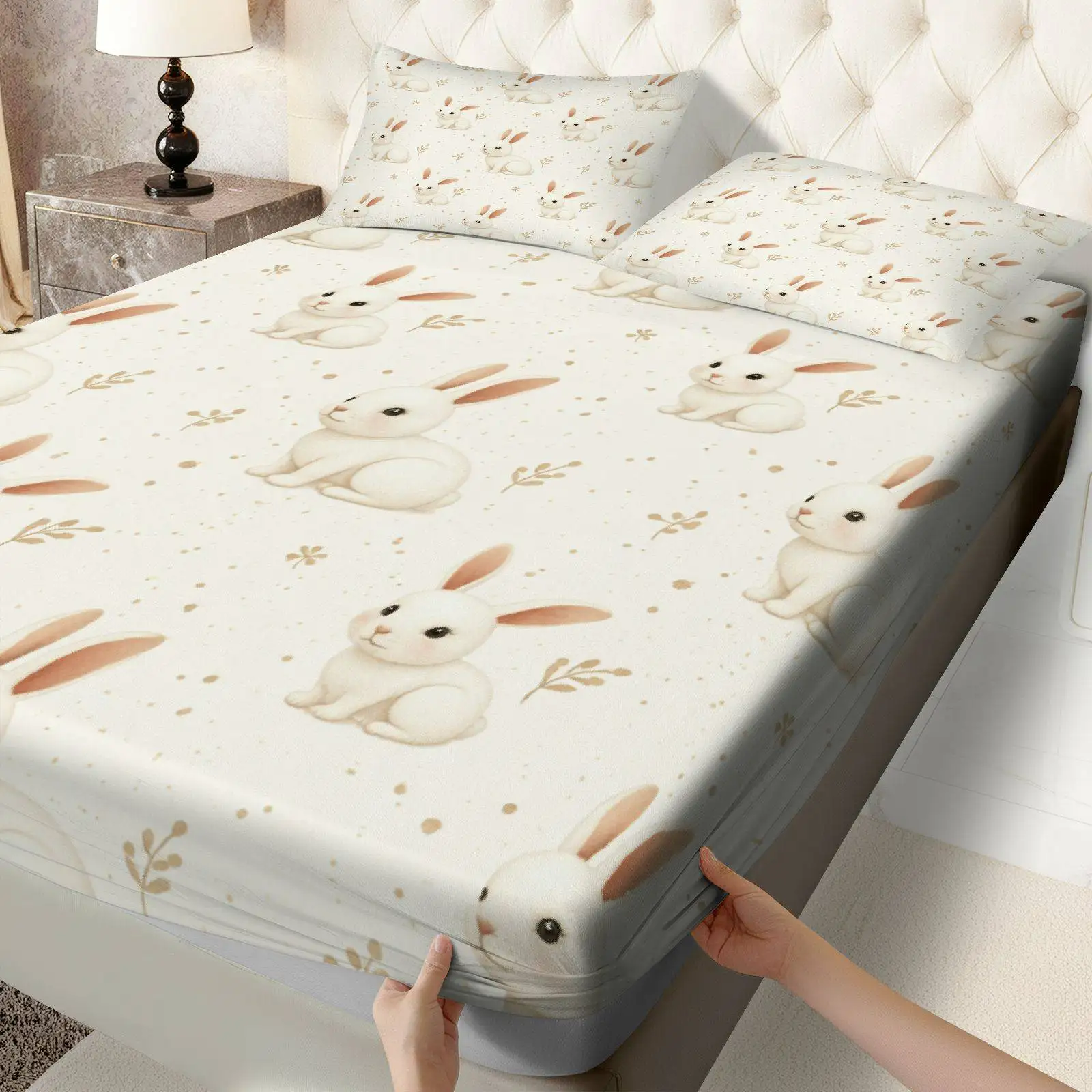 Flat Printed Bed Sheet, Bedroom Decor, Bedding, Home Bedroom Decoration, Holiday Bed Sheet and Pillowcase, Mattress Protector, Cute Rabbit Floral Bed Sheet Set, Soft Bedding, Mattress Protector