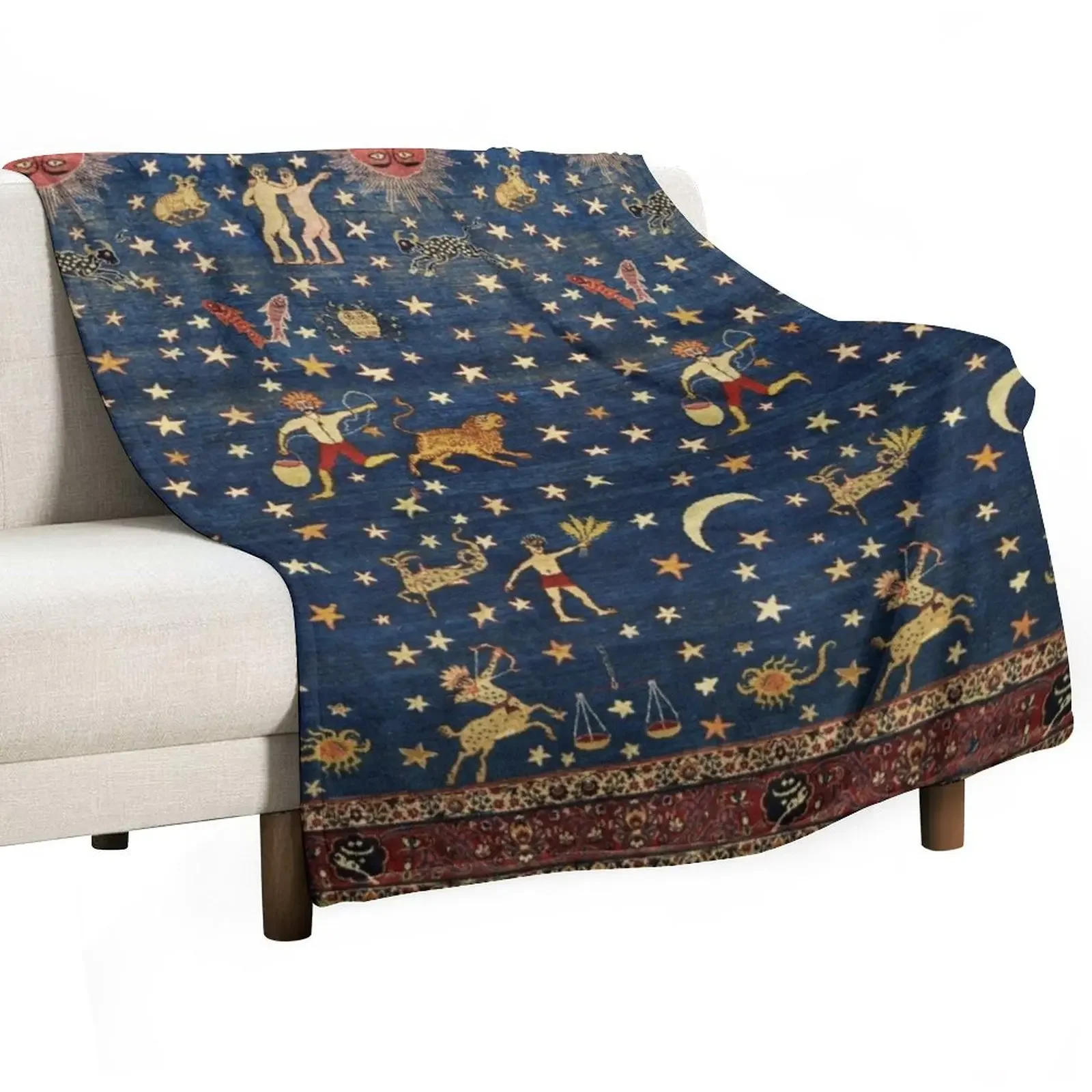 

ANTIQUE PERSIAN CARPET WITH ZODIACAL SIGNS,STARS IN BLUE SKY Throw Blanket for babies blankets and throws Blankets