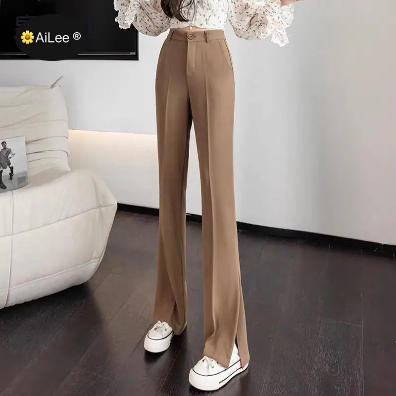 

Slim Draped Suit Split Pants Women Soft Cool Feeling Spring Summer Trousers High Street Lady Office Luxury Flare Design Business