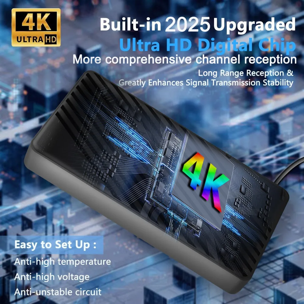 هوائي تلفزيون داخلي لجميع أجهزة التلفاز الذكية، استقبال طويل المدى 1200+ ميل مع قنوات محلية معززة لإشارة مكبر الصوت، 4K 1080p HD