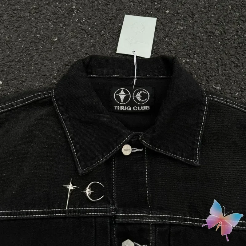 Real Photos Washed Black Metal Stars Moons Logo Thug Club Jacket Embroidered Tassel Denim Coats Hiphop Street Men Women Cleanfit