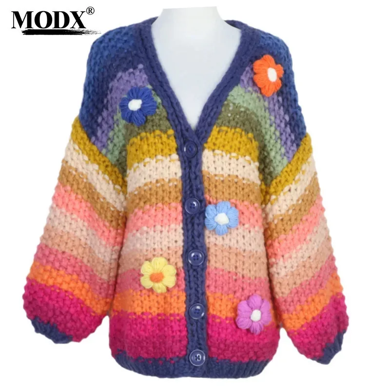 [MODX] New Style Rainbow Color Handmade Small Flower Stripe Lazy Thick Needle Sweater Jacket Women, Thick Design