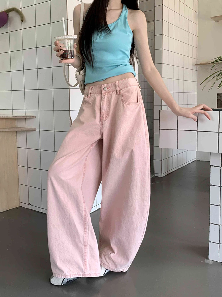 ReddaChic Cutecore Pink Women's Barrel Jeans Korea Wide Leg Low Rise Cinch‑back Washed Loose Fit Denim Pants Causal Streetwear