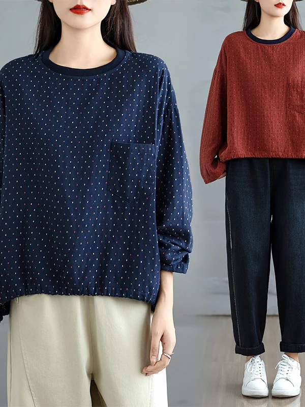 

Casual Large Size round Ne T-irt Color Woven Long Sve Polka Dot Loose Fit Slimming Effect Versatile Comfortable Breath...