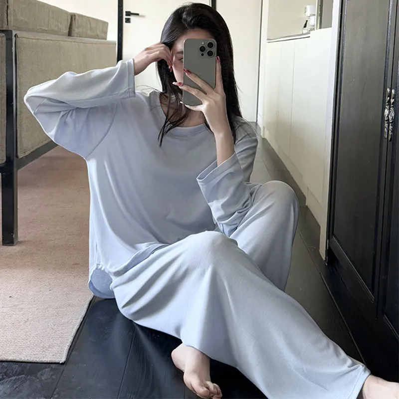 

Пижамы Femme 2025, новый топ с круглым вырезом и длинными рукавами, комплект из двух предметов, осенне-зимний пижамный комплект для отдыха, женская одежда для сна, домашний костюм