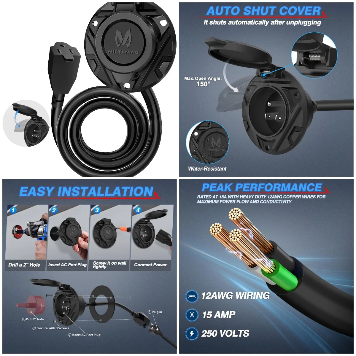 

10A-15A AC Power Inlet Socket, 125V, 20-Inch Cord with Waterproof Cover & Mounting Hardware - Black