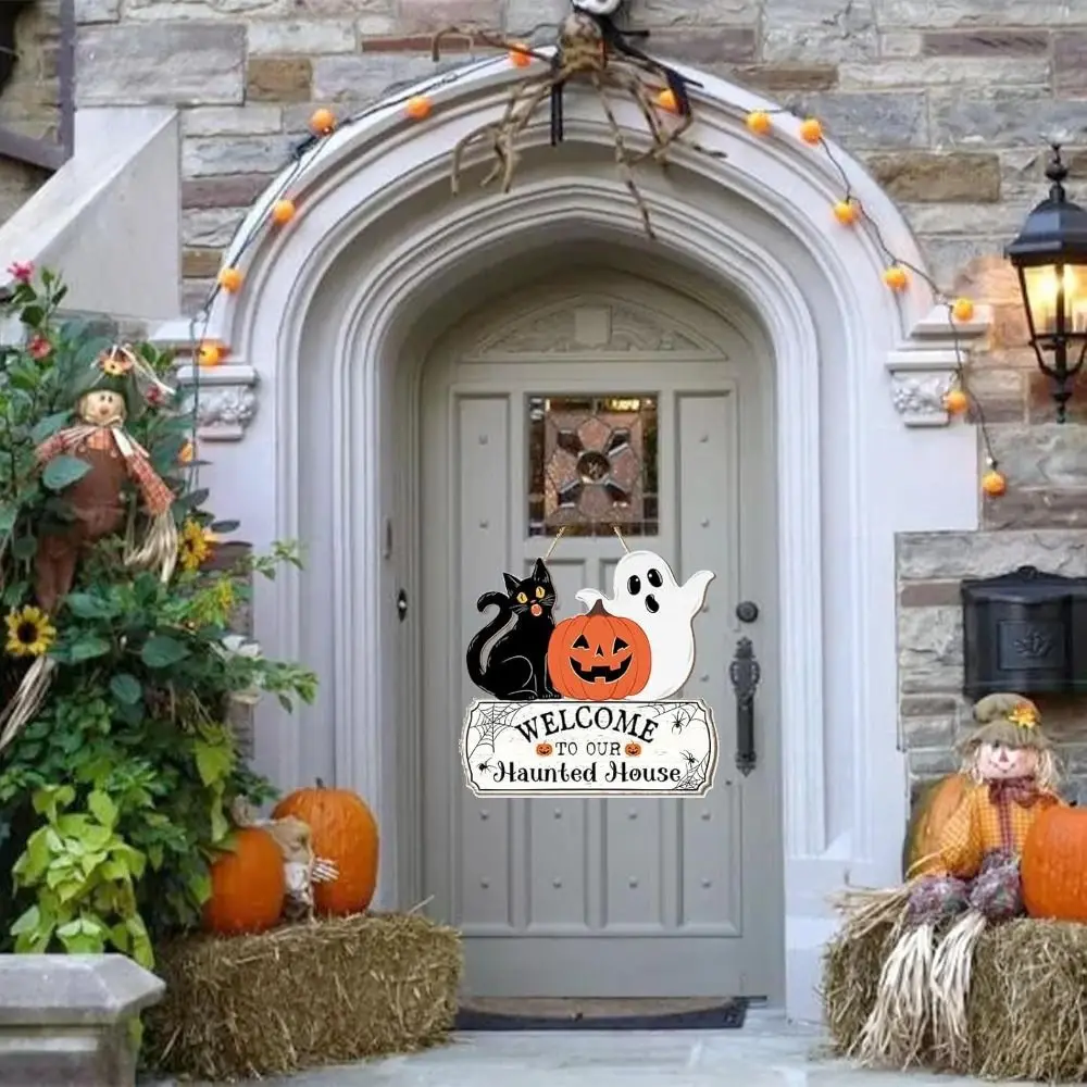 

Wooden Spooky Halloween Welcome Door Sign Funny Cute Ghost Cat Pumpkin Hanger Wreath Cartoon Creative Wall Hanging Pendant