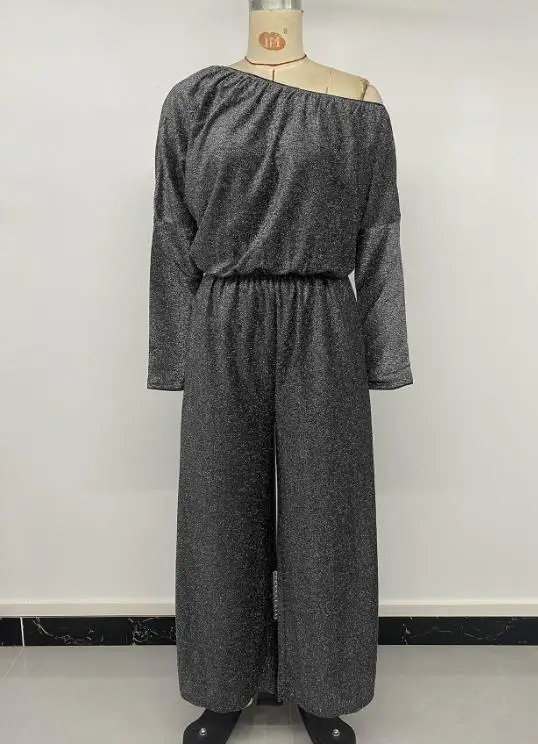 

Women Retro Party Sexy Jumpsuits Temperament New Socialite Style Long Sleeve Silver Silk Single Shoulder Off Shoulder Jumpsuit