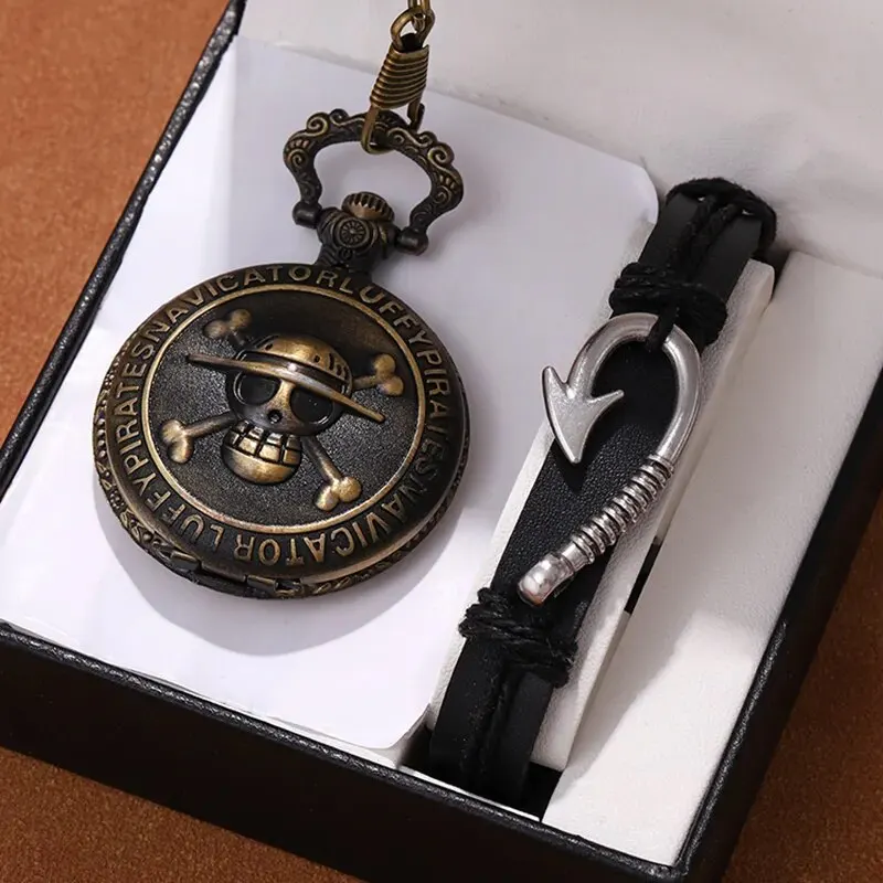 Retro Punk Piratenkapitän Doppelmesser Quarz Taschenuhr mit Halskette Kette Anhänger Armband Geschenk für Männer Männer Vintage Uhr